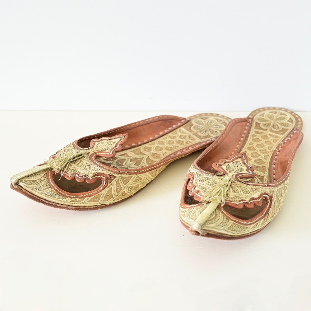 Ornate Gold Embroidered and Leather Shoes Slippers w/ Tassel Size 40